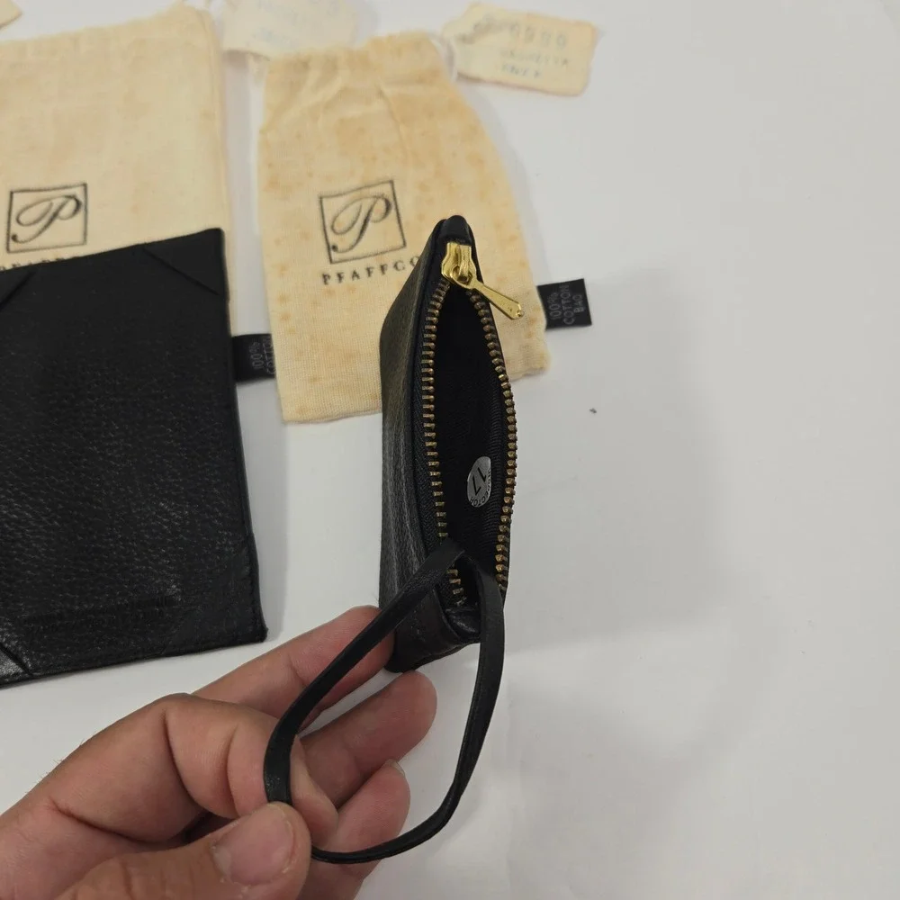 Pfaffco Black Pebbled Leather Wallet Card Holder Coin Pouch Set 3pc Handcrafted